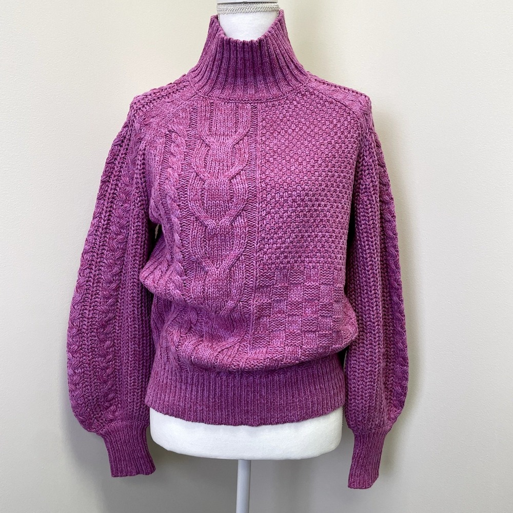 Sundance Purple Cable Mixed Knit Mock Neck Balloon Sleeve Sweater Medium